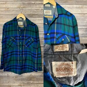 Vtg Saugatuck Flannel Green Plaid Button Work Shirt Mens MEDIUM Surfer‎ Skater